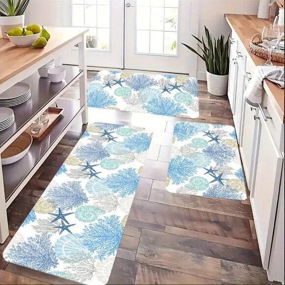 Coastal Coral Print Kitchen Mats SET of 3 - Non-Slip, Soft & Absorbent Bath Rugs - Picture 1 of 14